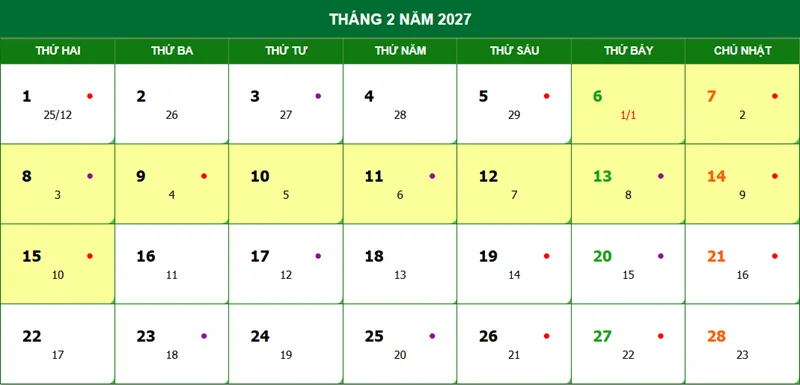 Tết Đinh Mùi 2027 diễn ra khá muộn, với Mùng 1 Tết rơi vào thứ Bảy, ngày 06/02/2027.