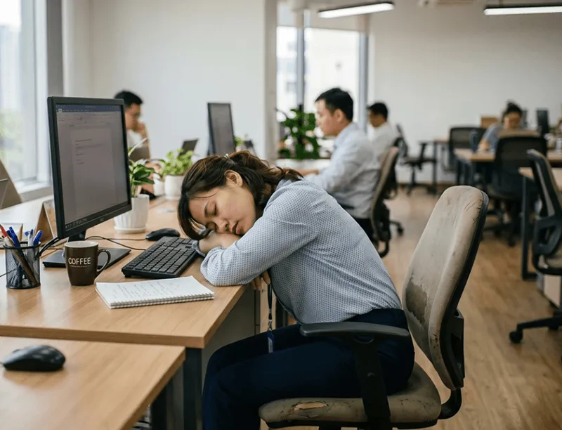 Tránh nằm gục đầu xuống bàn, hãy chọn tư thế thả lỏng cùng không gian mát mẻ.