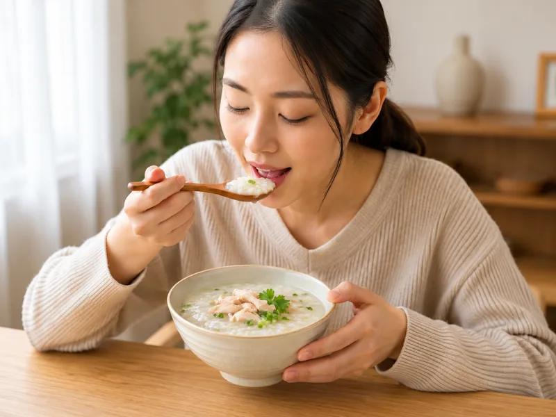 Cháo ấm, súp và thực phẩm mềm giúp dễ nuốt khi cổ họng đau rát.